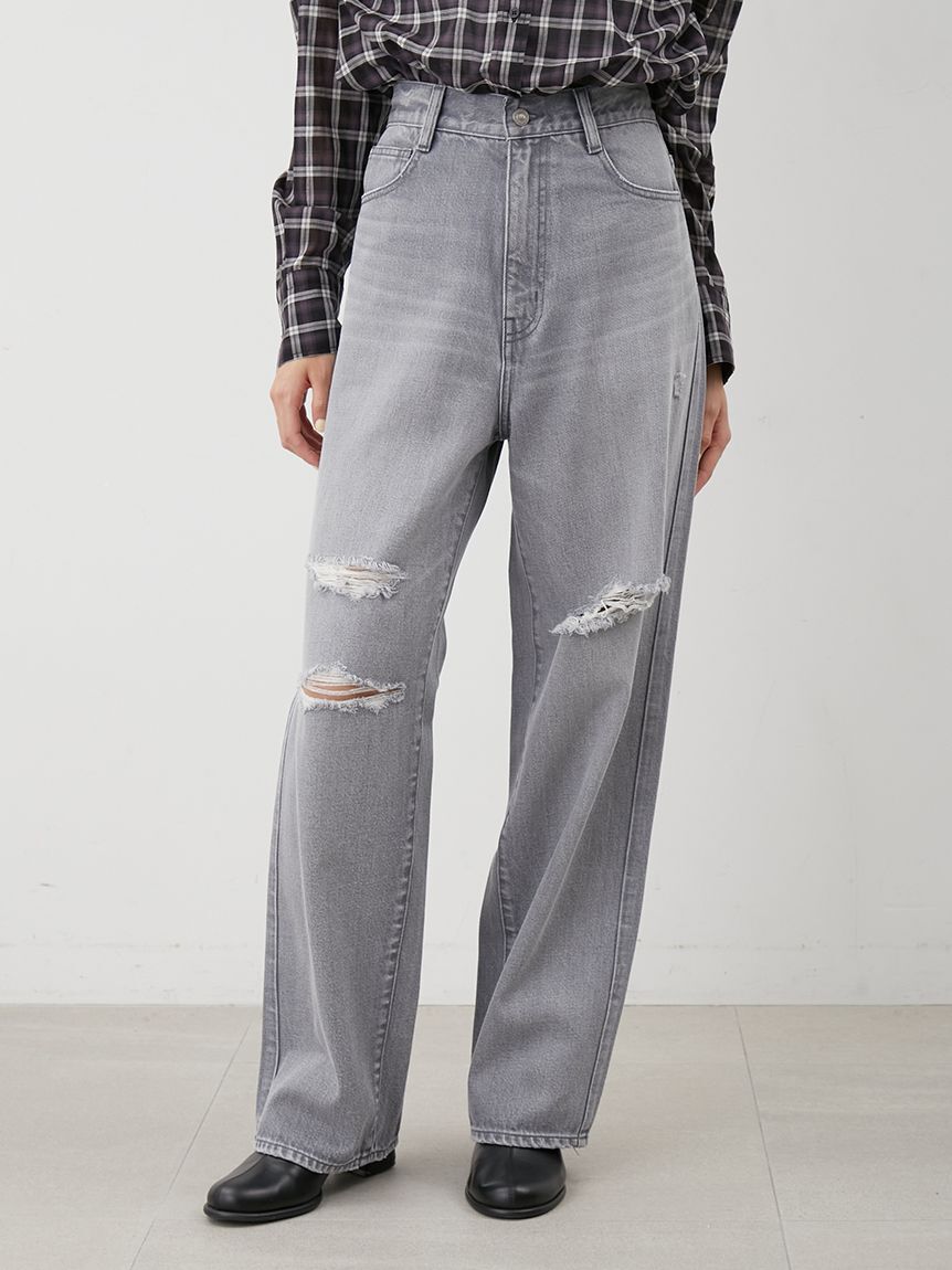Mila Owen「ダメージ加工ルーズストレートデニムパンツ」|デニム|GRY