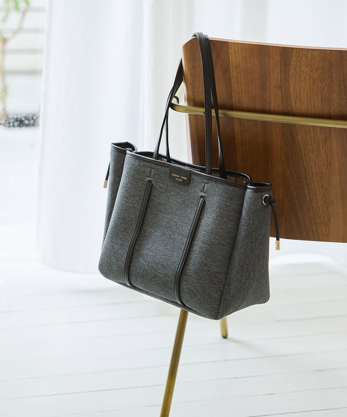 Samantha Thavasa「デニム調キャンバスデザイン 合皮トートバッグ 大サイズ」|トートバッグ|ブラック