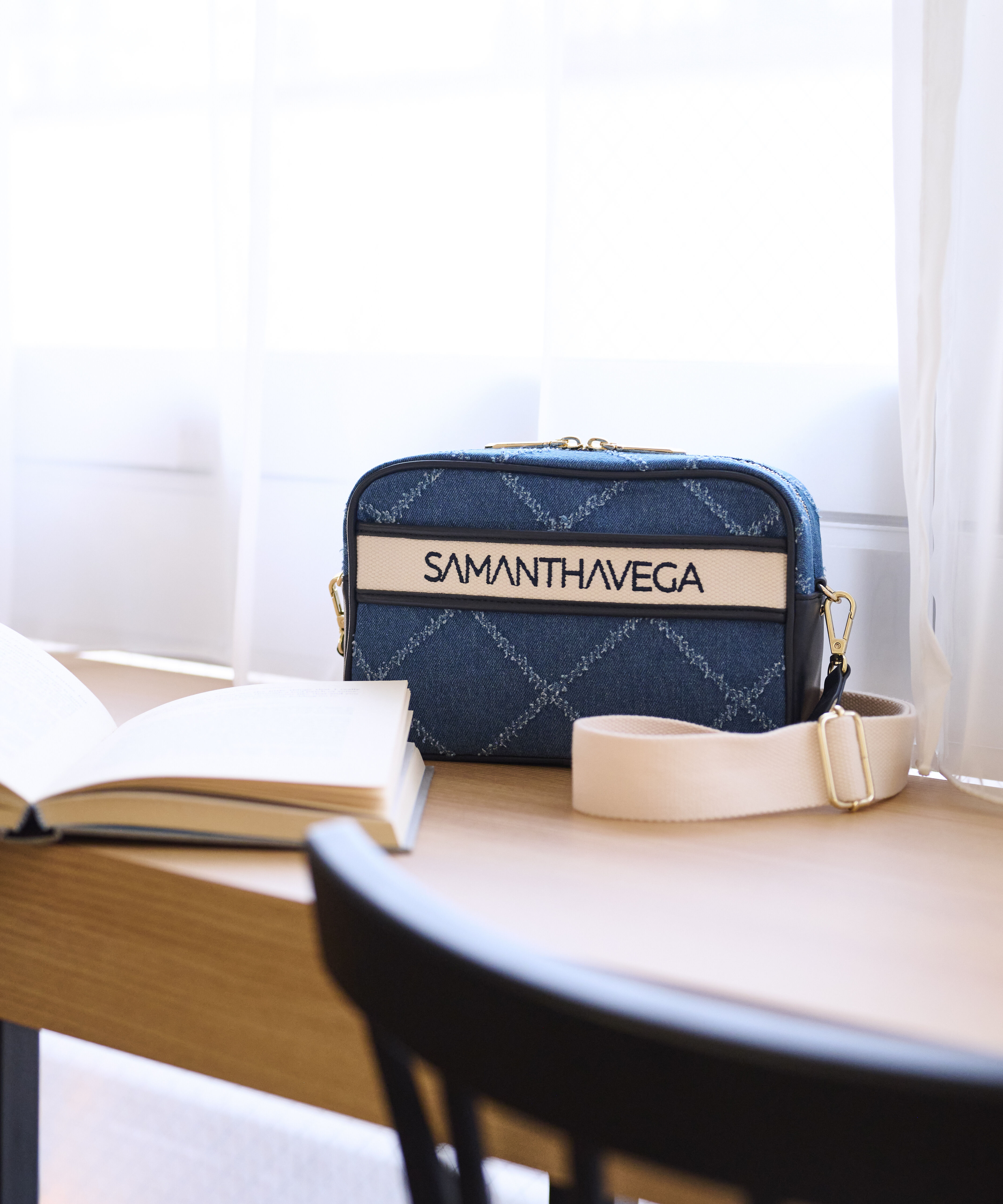 Samantha Vega「ロゴテープデニム風ショルダー」|ショルダー・メッセンジャー|ネイビー
