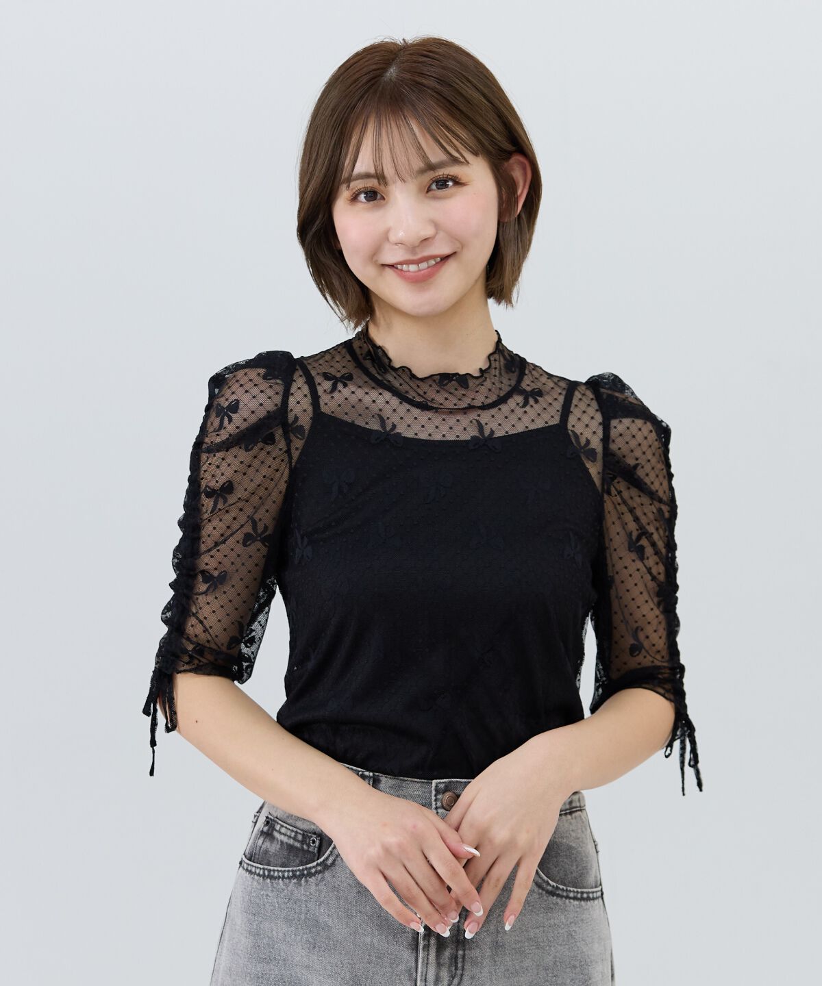 REDYAZEL「ミニリボン柄シアートップス」|Tシャツ・カットソー|ブラック