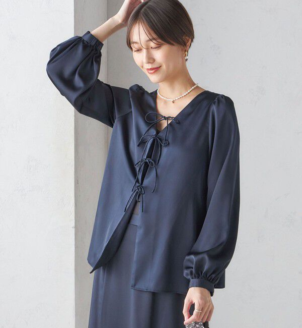 SHIPS for women「【SHIPS別注】troisiemeCHACO:〈手洗い可能〉サテン リボン ブラウス（セレモニー対応可）」|シャツ・ブラウス|ネイビー