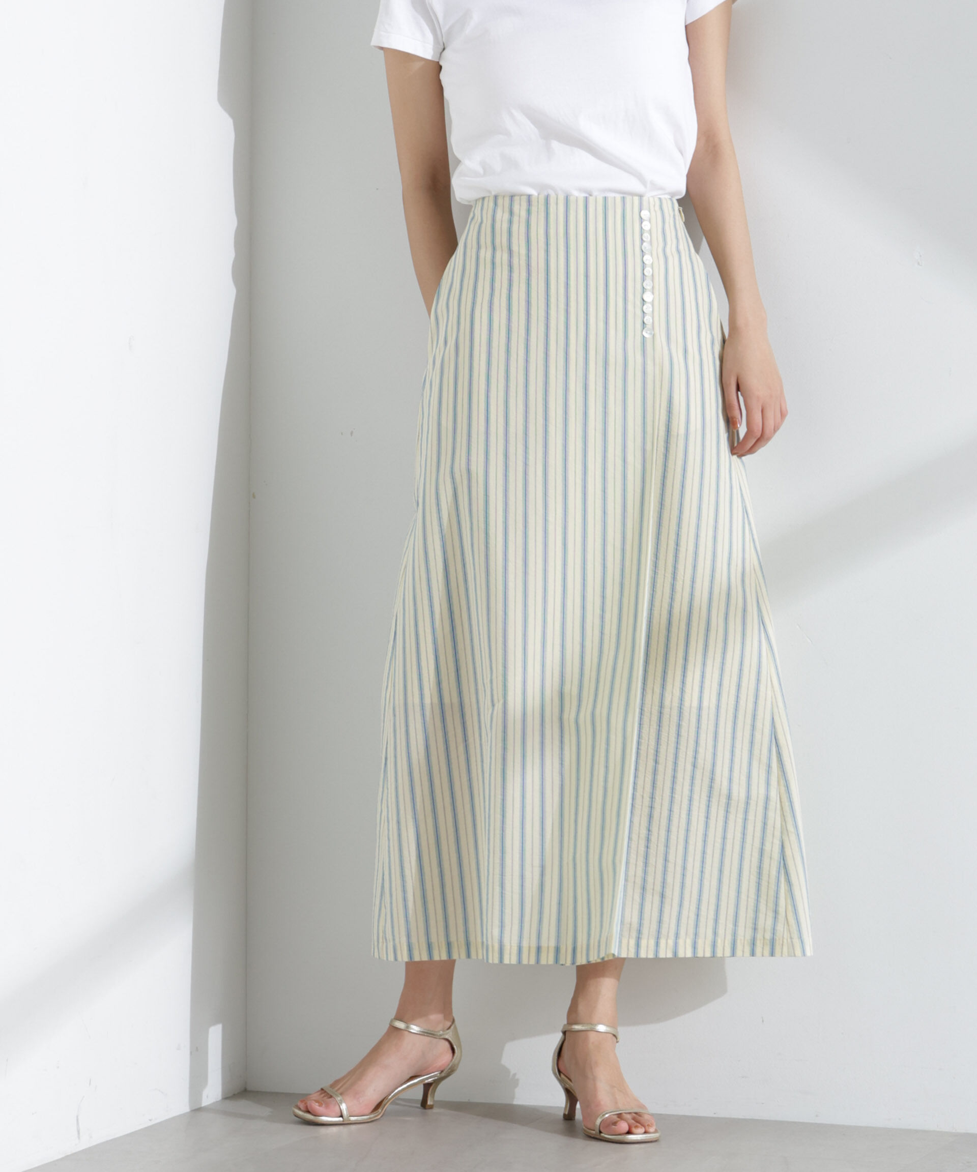 nano･universe「マルチボタンストライプスカート(セットアップ可)」|スカート|イエロー