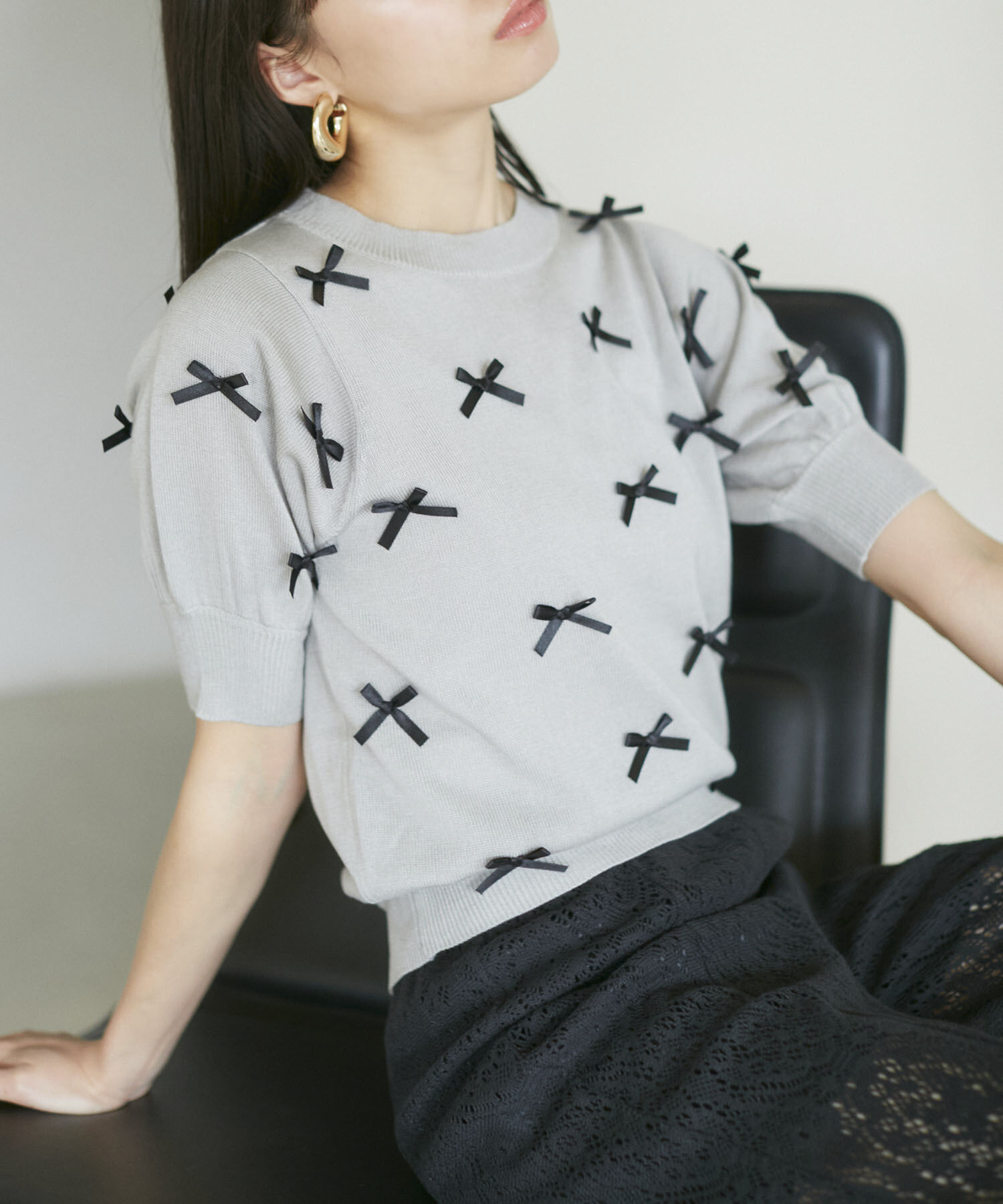 VIS「リボンハーフスリーブサマーニット」|ニット・セーター|グレー(07)