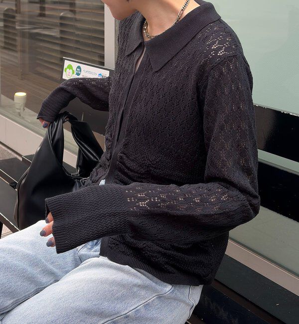  「レースシャーリングホックカーディガン」|カーディガン|ブラック