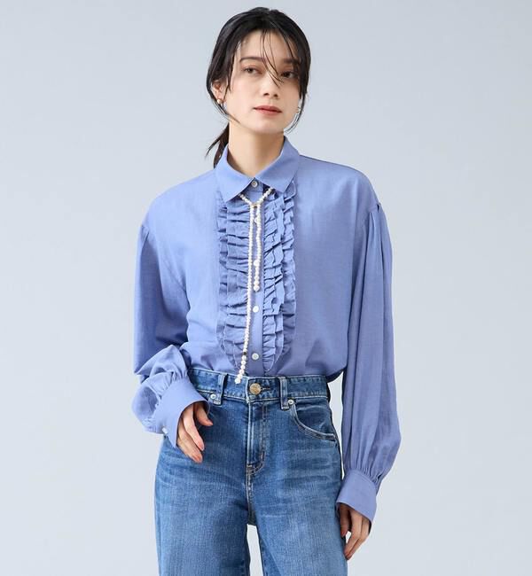 Liesse「シャンブレーフリルシャツブラウス」|シャツ・ブラウス|サックスブルー
