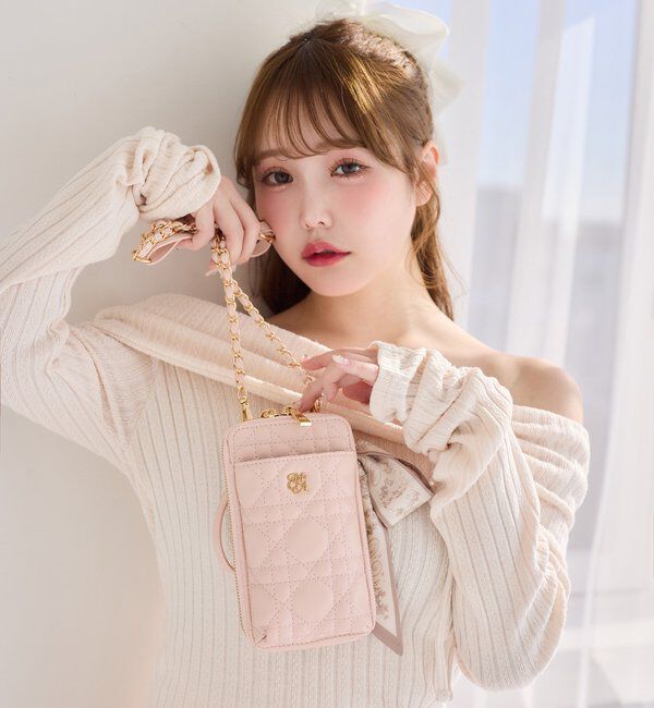  「スカーフ付きキルティングスマホショルダー」|ショルダー・メッセンジャー|ピンク