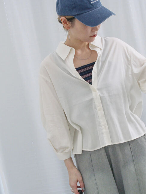 Samansa Mos2 blue「ショート丈シャーリングブラウス」|シャツ・ブラウス|