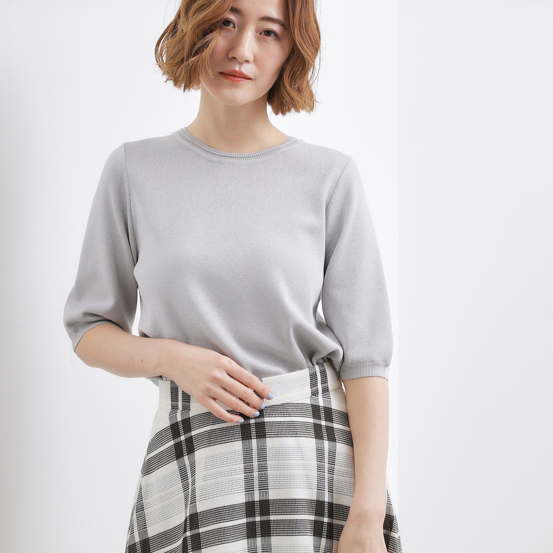 grove「【貴島明日香さん着用・シリーズ累計34万枚】やわらかドライタッチ 五分袖クルーネックニット」|ニット・セーター|