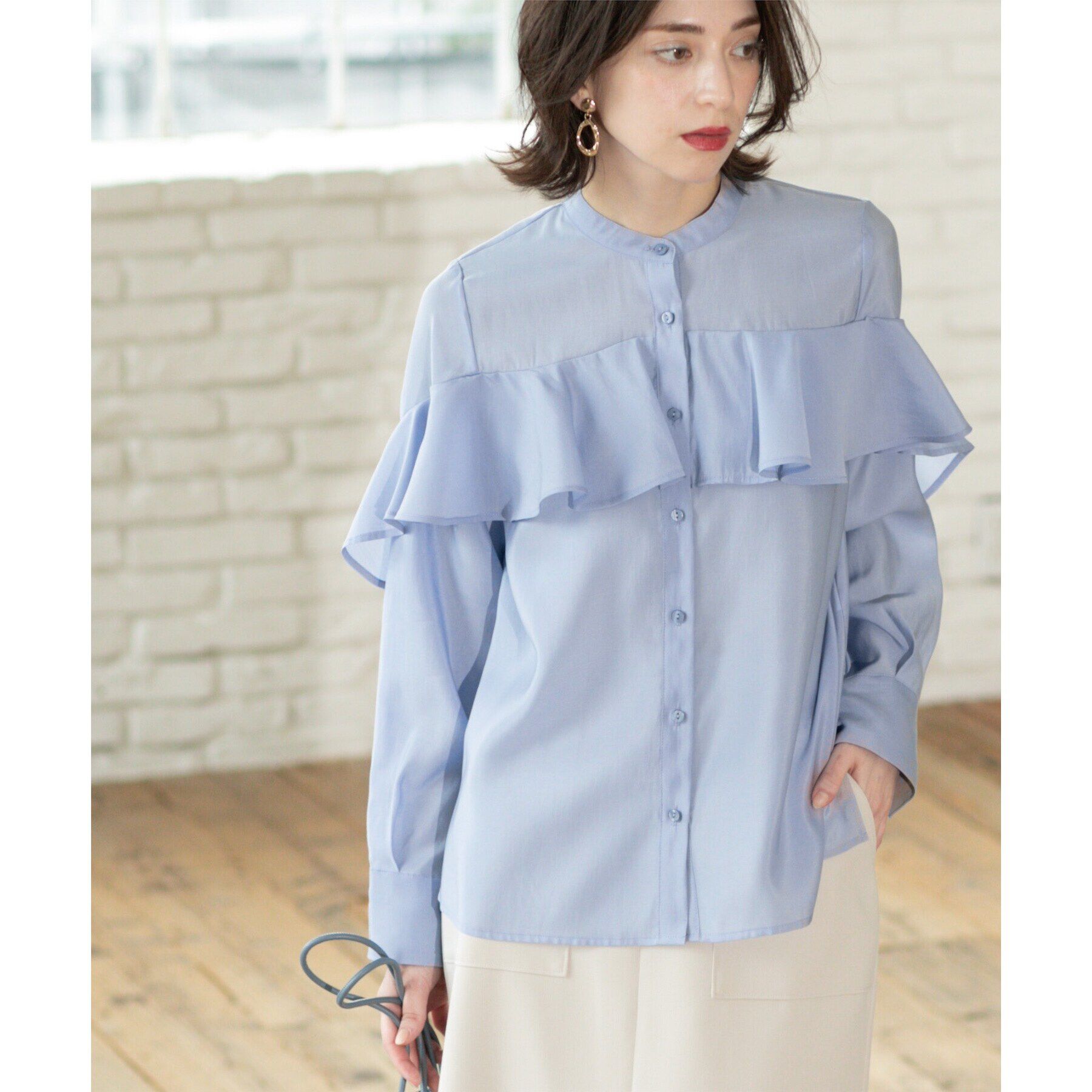 OPAQUE.CLIP「シアーフリルブラウス【洗濯機洗い可】」|シャツ・ブラウス|ブルー(091)