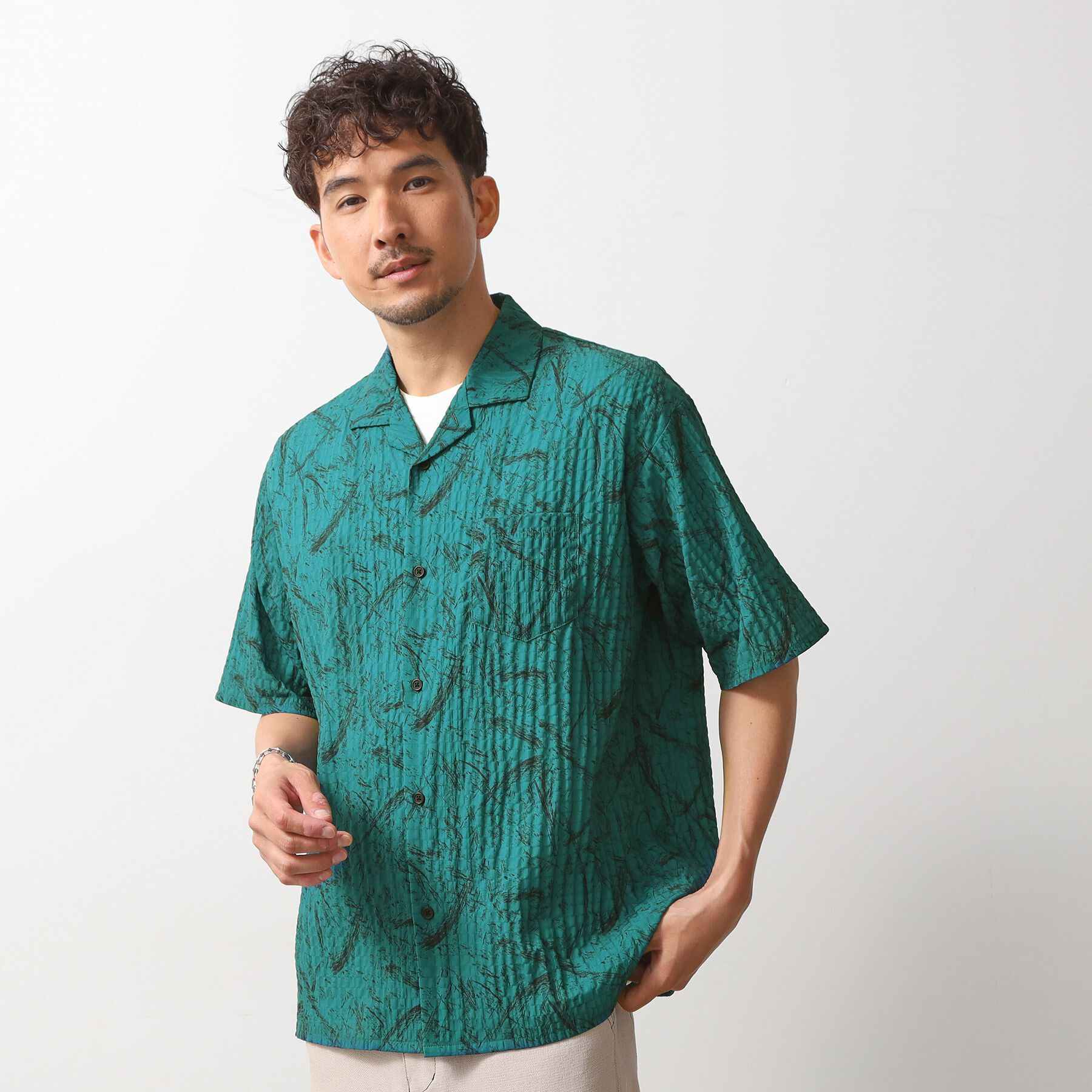 THE SHOP TK「総柄サッカー半袖シャツ マシンウォッシャブル」|シャツ・ブラウス|グリーン(022)