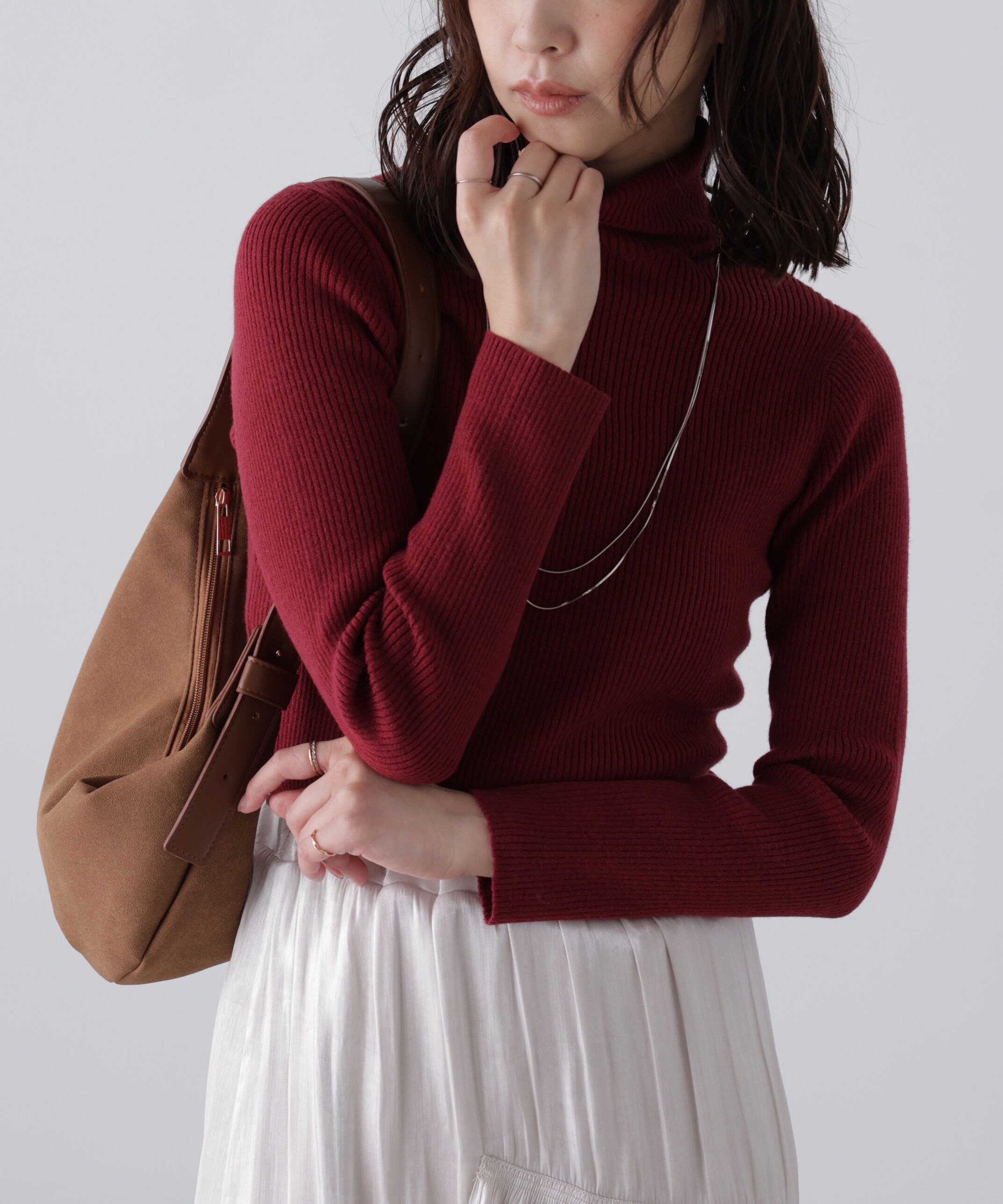  「タートルネックリブニット」|ニット・セーター|ボルドー
