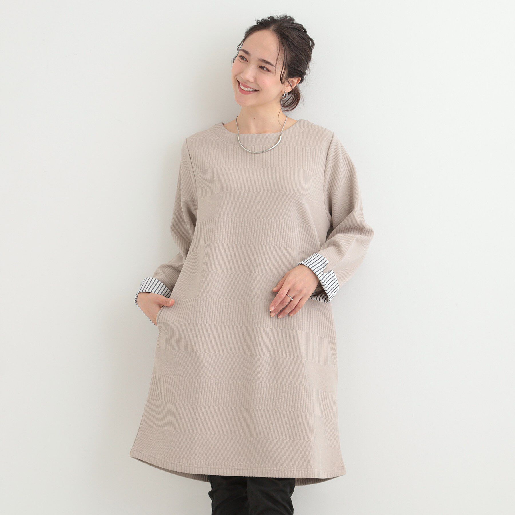 SHOO･LA･RUE「【体型カバー/洗濯機可/S-LL】お袖ストライプAラインチュニック」|チュニック|