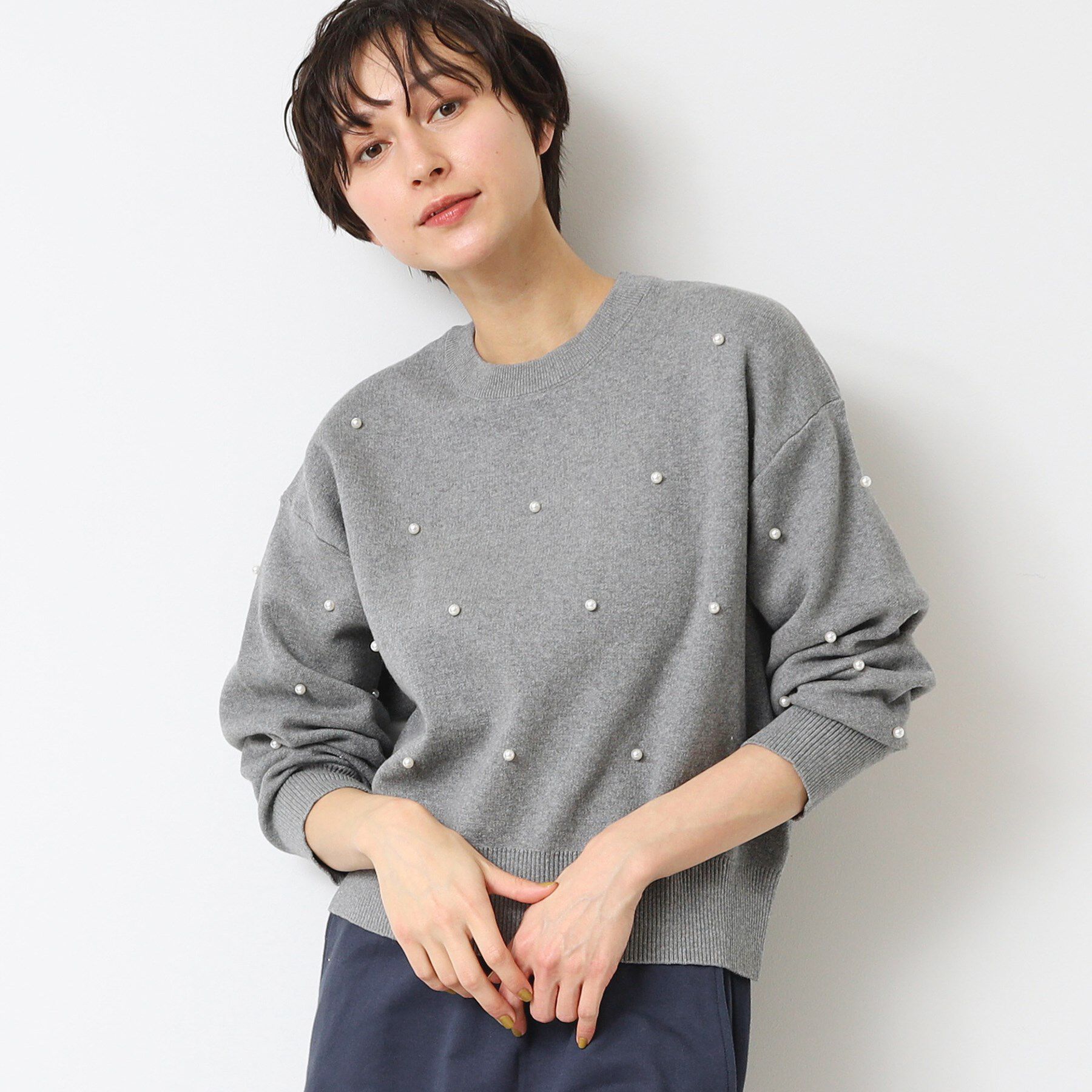 Dessin「【洗える】パール調付きクロップド丈ニット（S～L）」|ニット・セーター|