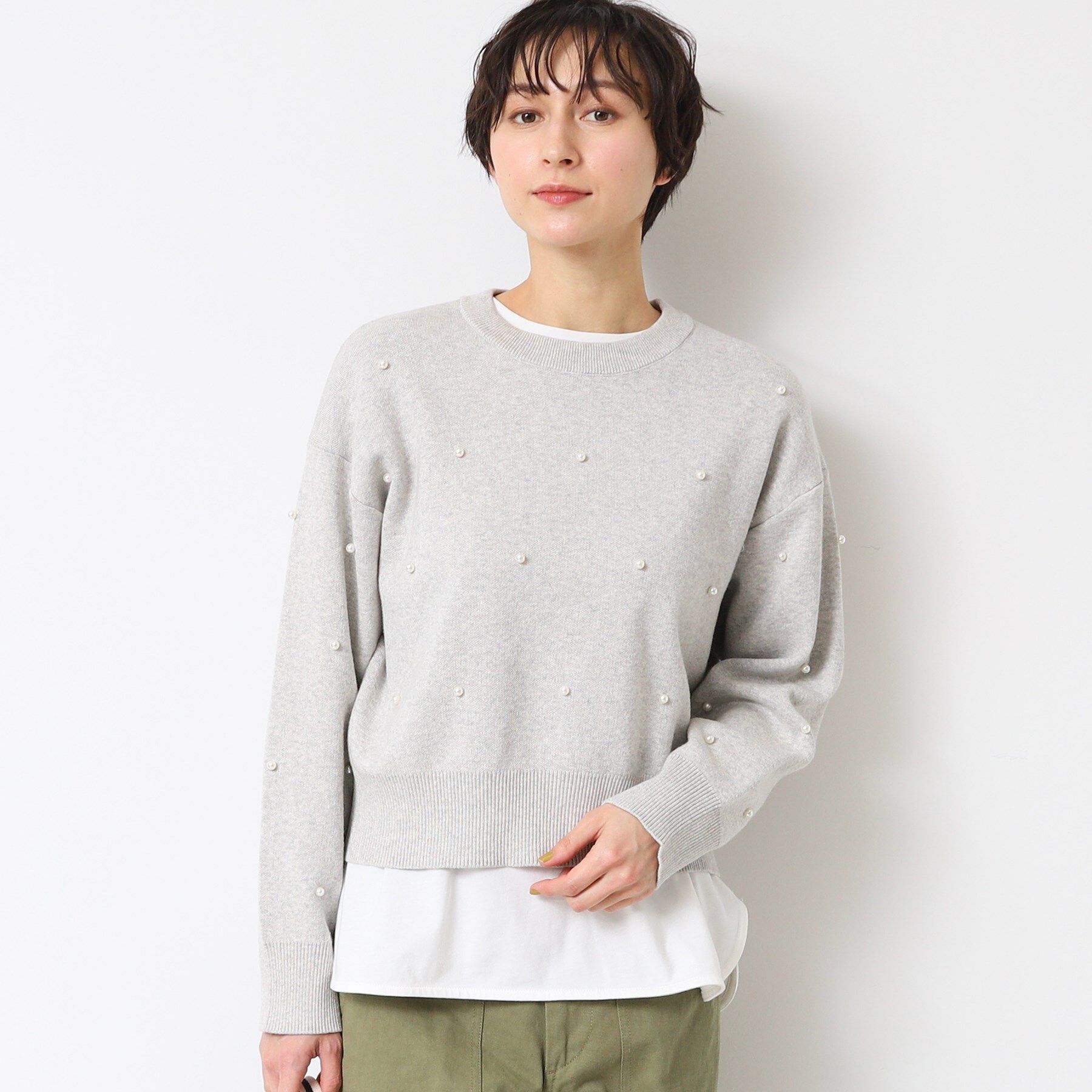 Dessin「【洗える】パール調付きクロップド丈ニット（S～L）」|ニット・セーター|