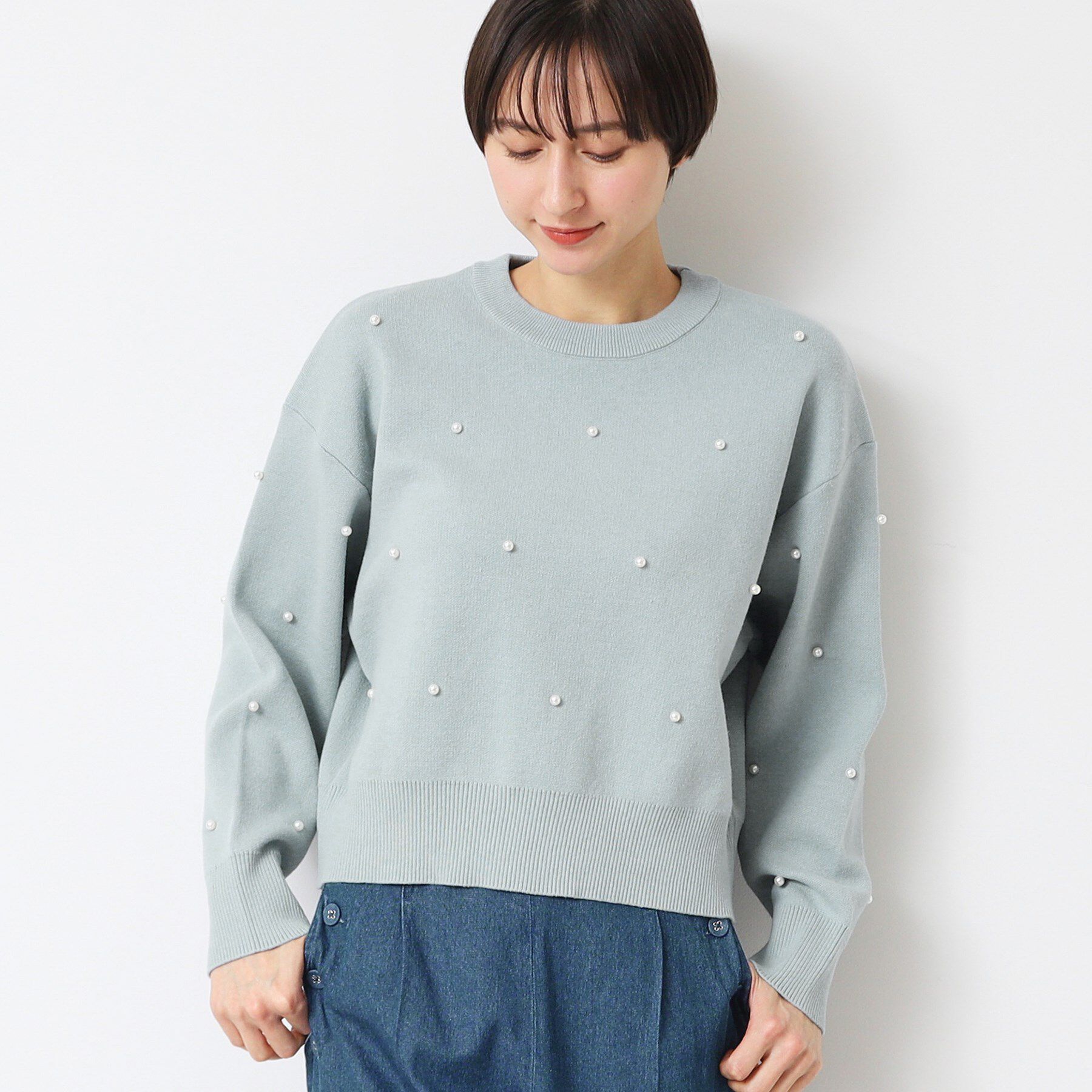 Dessin「【洗える】パール調付きクロップド丈ニット（S～L）」|ニット・セーター|ブルー(091)