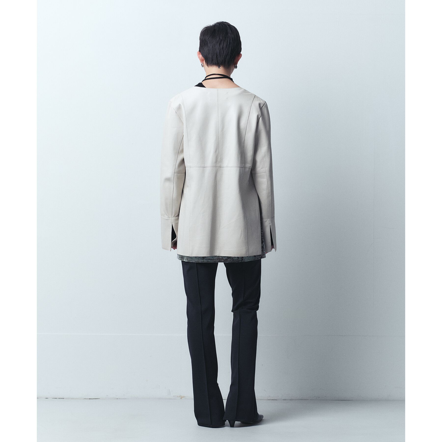 CODE A「front ribbon leather jacket」|ノーカラージャケット|