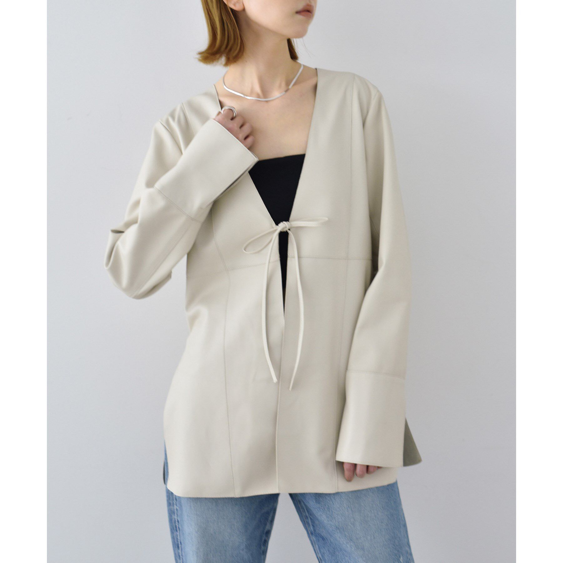 CODE A「front ribbon leather jacket」|ノーカラージャケット|