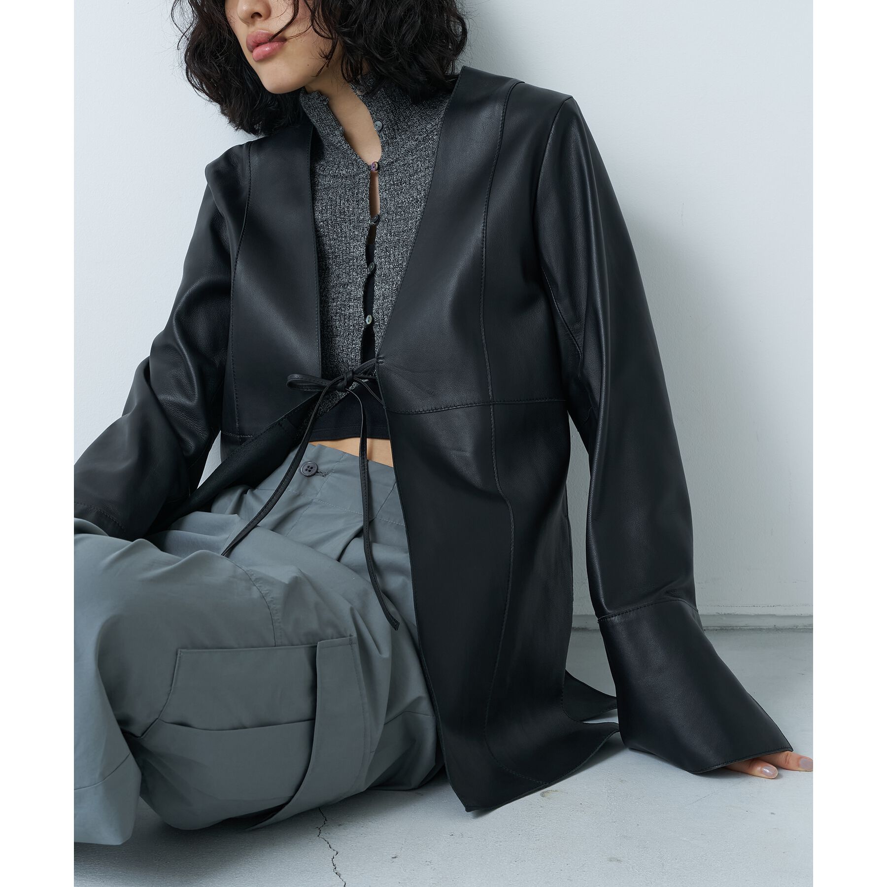 CODE A「front ribbon leather jacket」|ノーカラージャケット|ブラック(019)