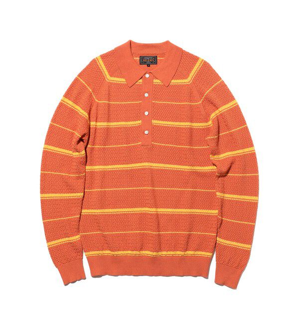 BEAMS PLUS「Knit Polo Basket Weave Stripe」|ポロシャツ|ORANGE