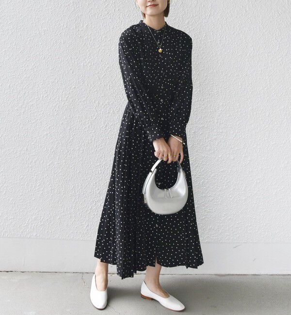 SHIPS for women「〈手洗い可能〉ドット / 花柄 バンドカラー サイド プリーツ ワンピース」|ワンピース|