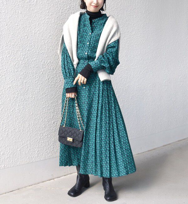 SHIPS for women「〈手洗い可能〉ドット / 花柄 バンドカラー サイド プリーツ ワンピース」|ワンピース|ダークグリーン