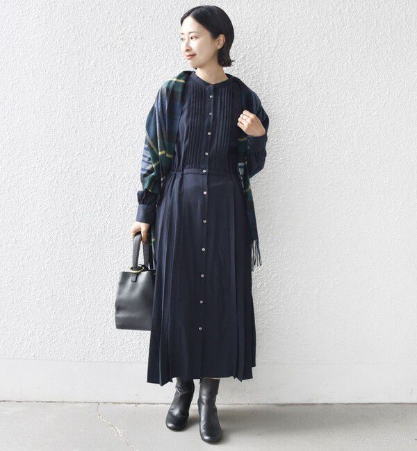 SHIPS for women「〈手洗い可能〉ドット / 花柄 バンドカラー サイド プリーツ ワンピース」|ワンピース|