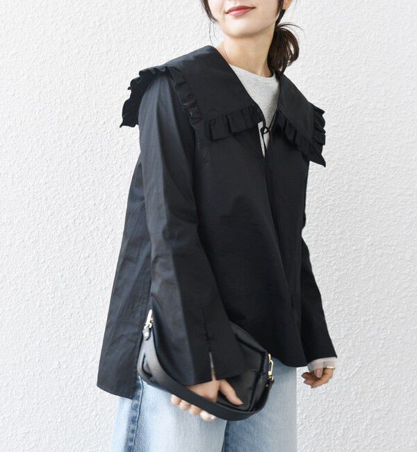 SHIPS any「SHIPS any:〈洗濯機可能〉コットン サテン フリル カラー ブラウス」|シャツ・ブラウス|ブラック