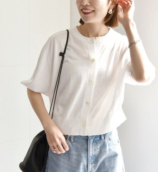 SHIPS any「SHIPS any:〈手洗い可能〉リネン ミックス ワイド パフ クルーネック シアー カーディガン」|カーディガン|