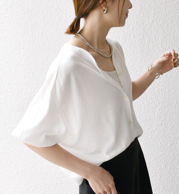 SHIPS any「SHIPS any:〈手洗い可能〉リネン ミックス ワイド パフ クルーネック シアー カーディガン」|カーディガン|