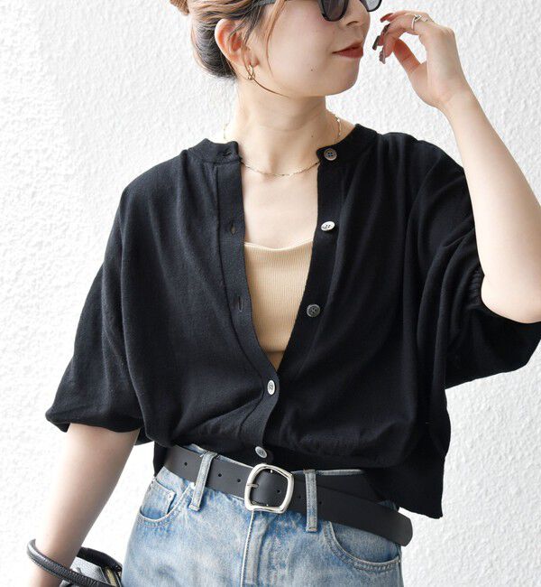 SHIPS any「SHIPS any:〈手洗い可能〉リネン ミックス ワイド パフ クルーネック シアー カーディガン」|カーディガン|