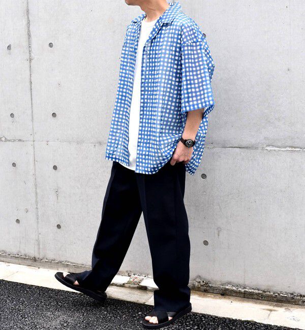 SHIPS any「SHIPS any: メッシュ オンブレチェック / ウェーブ パターン オープンカラー シアー シャツ◇」|シャツ・ブラウス|