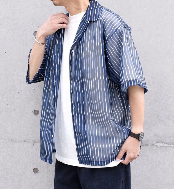 SHIPS any「SHIPS any: メッシュ オンブレチェック / ウェーブ パターン オープンカラー シアー シャツ◇」|シャツ・ブラウス|