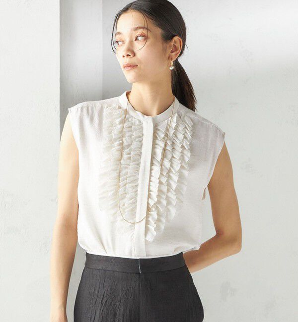 SHIPS for women「〈手洗い可能〉麻混 フロント フリル フレンチスリーブ ブラウス」|シャツ・ブラウス|