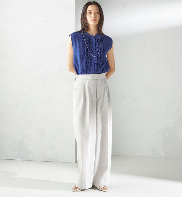 SHIPS for women「〈手洗い可能〉麻混 フロント フリル フレンチスリーブ ブラウス」|シャツ・ブラウス|