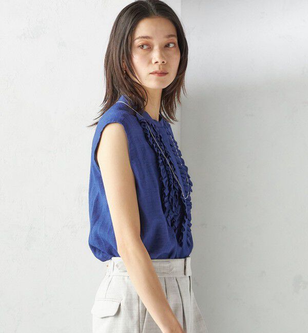 SHIPS for women「〈手洗い可能〉麻混 フロント フリル フレンチスリーブ ブラウス」|シャツ・ブラウス|