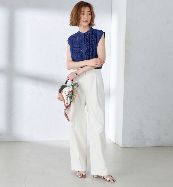 SHIPS for women「〈手洗い可能〉麻混 フロント フリル フレンチスリーブ ブラウス」|シャツ・ブラウス|