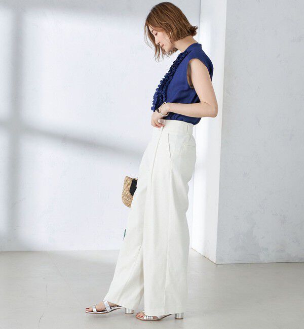 SHIPS for women「〈手洗い可能〉麻混 フロント フリル フレンチスリーブ ブラウス」|シャツ・ブラウス|