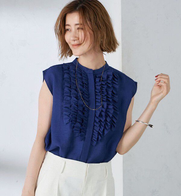 SHIPS for women「〈手洗い可能〉麻混 フロント フリル フレンチスリーブ ブラウス」|シャツ・ブラウス|