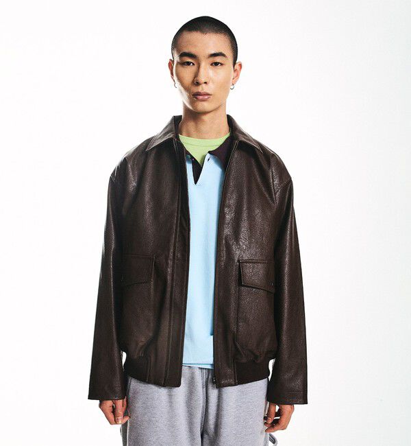 SHIPS「City Ambient Products: 合成皮革 ショート ジップ ブルゾン」|ブルゾン・スタジャン|