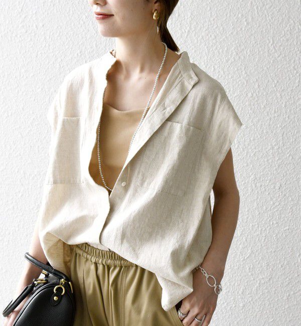 SHIPS any「SHIPS any:〈洗濯機可能〉リネン コットン バンドカラー フレンチスリーブ ポケット シャツ」|シャツ・ブラウス|