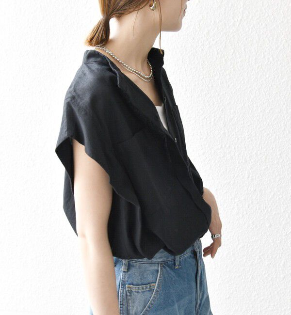 SHIPS any「SHIPS any:〈洗濯機可能〉リネン コットン バンドカラー フレンチスリーブ ポケット シャツ」|シャツ・ブラウス|