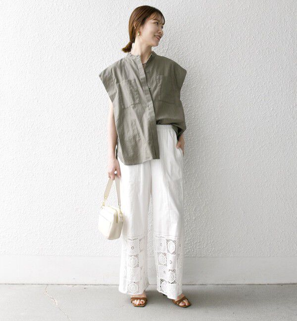 SHIPS any「SHIPS any:〈洗濯機可能〉リネン コットン バンドカラー フレンチスリーブ ポケット シャツ」|シャツ・ブラウス|