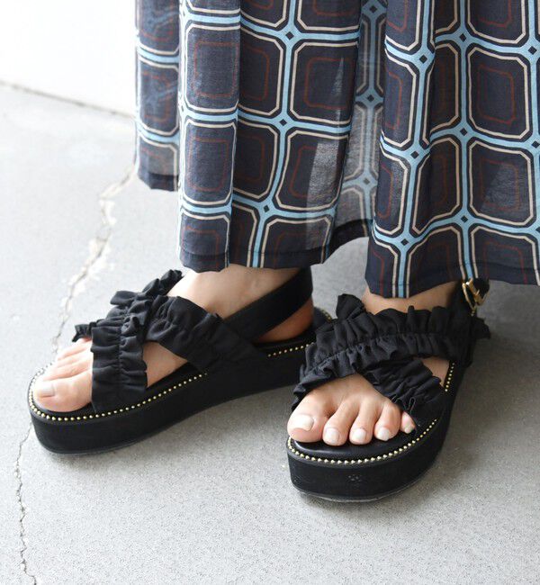 SHIPS for women「【WEB限定】クロス フリル プラット フォーム サンダル」|サンダル|ブラック