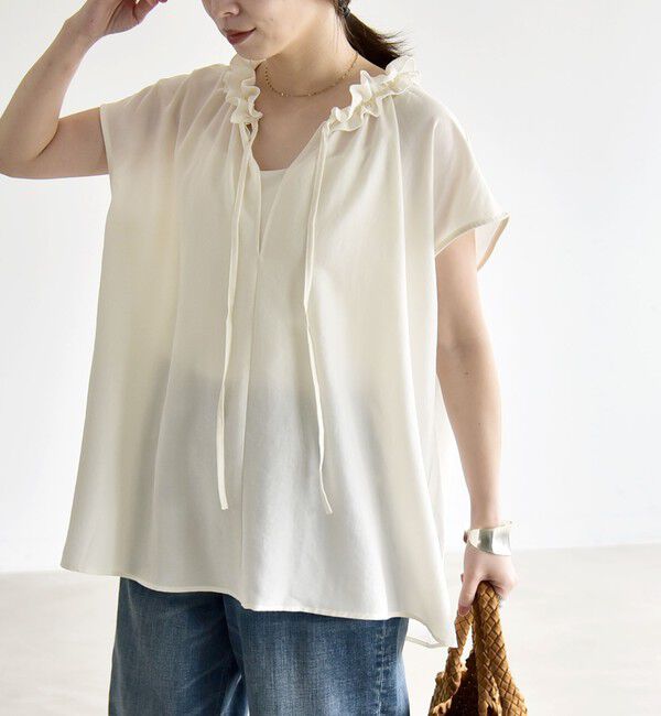 quaranciel「《追加予約》quaranciel:〈洗濯機可能〉フリルカラー リボン フレンチスリーブ ブラウス」|シャツ・ブラウス|