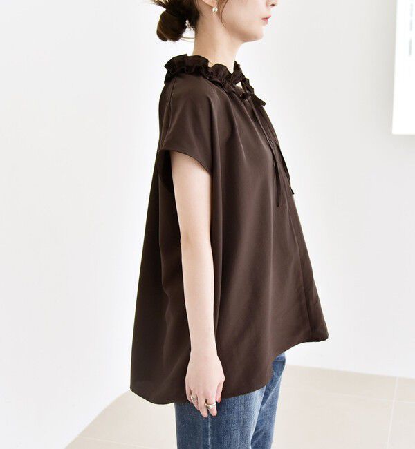 quaranciel「《追加予約》quaranciel:〈洗濯機可能〉フリルカラー リボン フレンチスリーブ ブラウス」|シャツ・ブラウス|