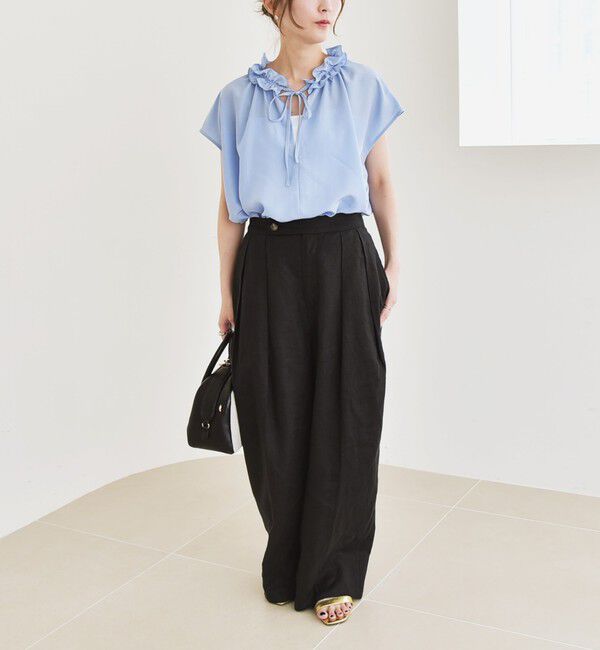 quaranciel「《追加予約》quaranciel:〈洗濯機可能〉フリルカラー リボン フレンチスリーブ ブラウス」|シャツ・ブラウス|