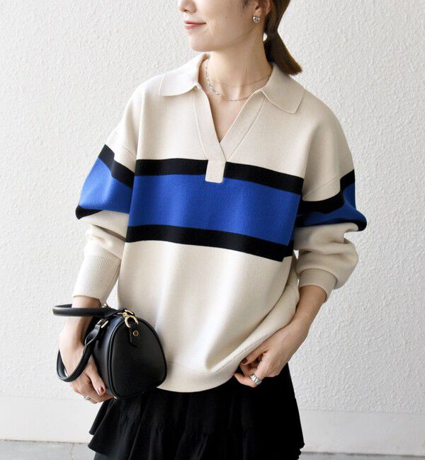 SHIPS any「SHIPS any:〈手洗い可能〉パネル ボーダー スキッパー ニット プルオーバー」|ニット・セーター|