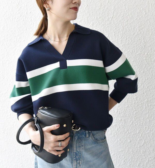 SHIPS any「SHIPS any:〈手洗い可能〉パネル ボーダー スキッパー ニット プルオーバー」|ニット・セーター|ネイビー