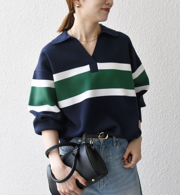 SHIPS any「SHIPS any:〈手洗い可能〉パネル ボーダー スキッパー ニット プルオーバー」|ニット・セーター|