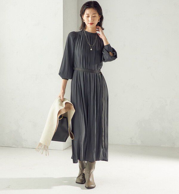 SHIPS for women「〈手洗い可能〉カッセン ギャザー ベルト付き 長袖 ワンピース」|ワンピース|